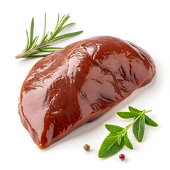 Raw chicken liver single piece isolated on white background presenting fresh poultry ingredient rich in protein for cooking, recipes,