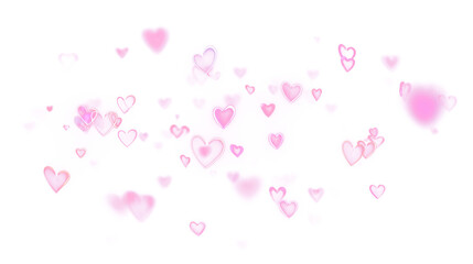 Gentle scatter of diffused pink hearts with bokeh and soft glow. Romantic overlay background for invitations, cards, and digital art. Transparent PNG.