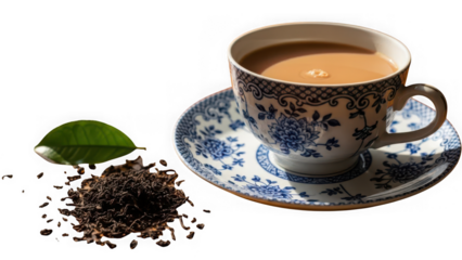 A cup of milky tea with loose black tea leaves and a fresh green tea leaf isolated on transparent background