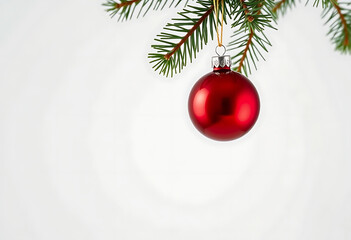 A single red christmas ornament hangs from a festive pine tree branch. isolated on transparent background