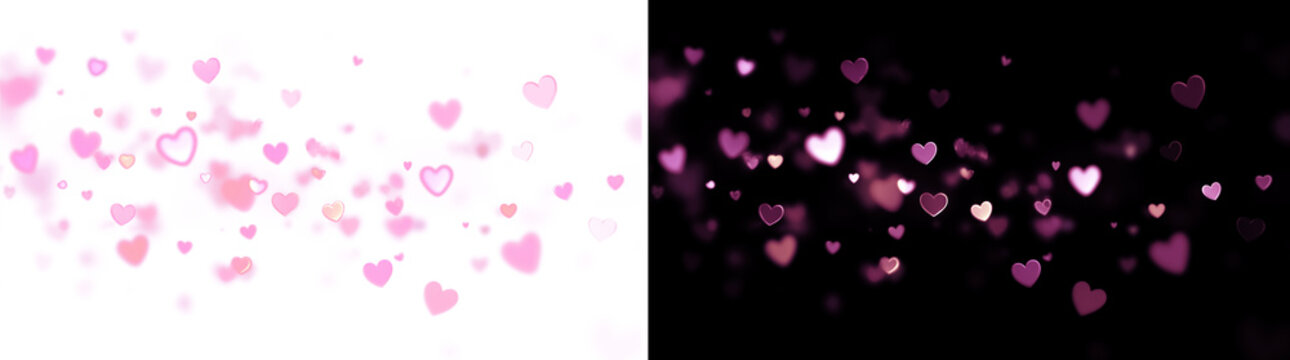 Gentle scatter of diffused pink hearts with bokeh and soft glow. Romantic overlay background for invitations, cards, and digital art. Transparent PNG.
