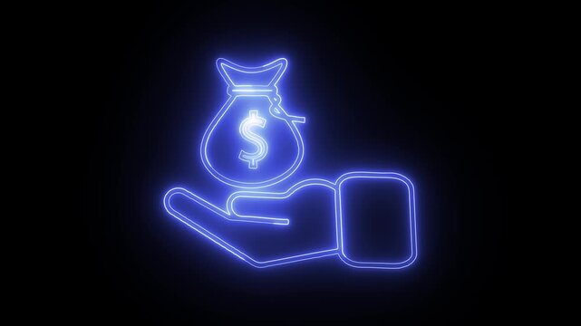 Neon Hand Holding Money Bag Animation on Black Background.