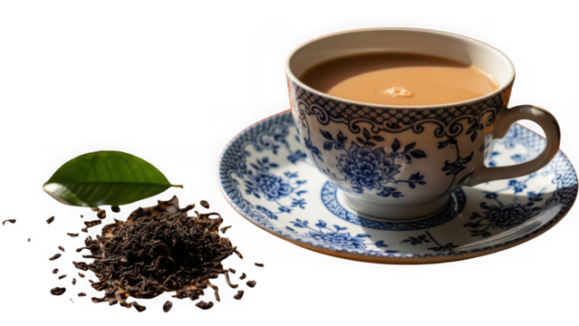 A cup of milky tea with loose black tea leaves and a fresh green tea leaf isolated on transparent background