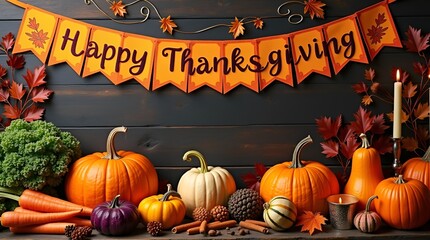 Seasonal harvest arrangement featuring pumpkins, squash, apples, and cinnamon sticks alongside autumn foliage on a dark wooden backdrop