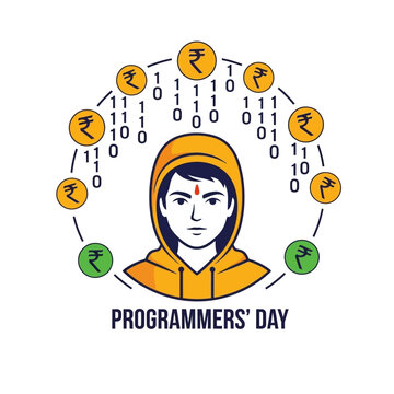 Programmers Day Illustration with Binary Code and Rupee Symbols.