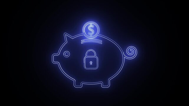Secure Savings Neon Piggy Bank with Lock and Dollar Coin.