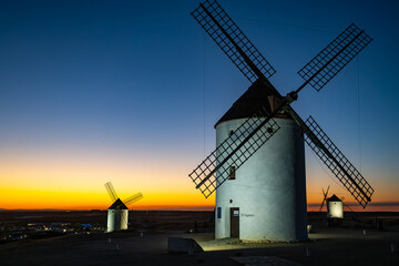 Windmills of Mota del Cuervo at sunset blue hour