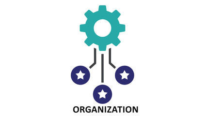 Obraz premium A teal gear icon connected to three stars above the word organization