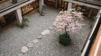 Aerial view of a courtyard with a small tree in the center. the courtyard is made up of small pebbles and rocks, and there are several potted plants scattered throughout.