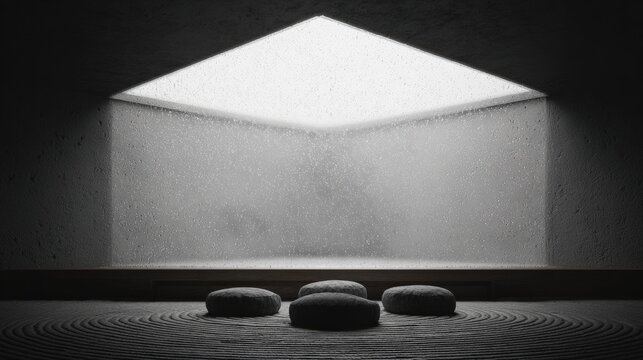 Black and white photograph of a room with a large window in the center. the window is made of concrete and has a triangular shape with a white light shining through it.