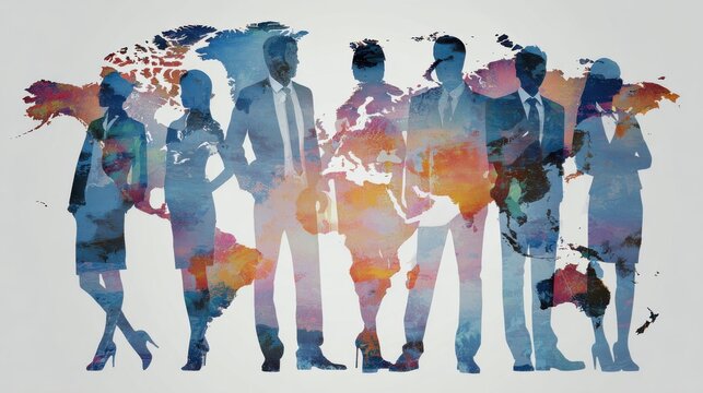 Diverse business people silhouette with world map overlay