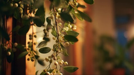 Green mistletoe branches hanging indoors with soft light ambiance   - Powered by Adobe