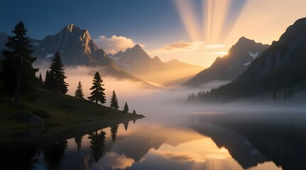 Mountain Lake at Sunrise with Reflection for Tranquility and Nature Beauty