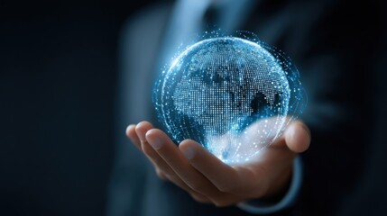 Hand holding glowing digital globe with network connections