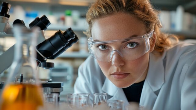 A focused female scientist examines samples in a modern laboratory. Her intense gaze reflects curiosity and determination. This image captures the essence of scientific research and discovery. AI