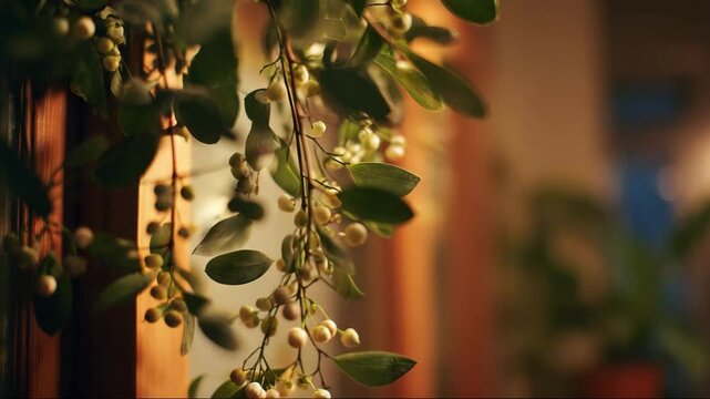 Green mistletoe branches hanging indoors with soft light ambiance  