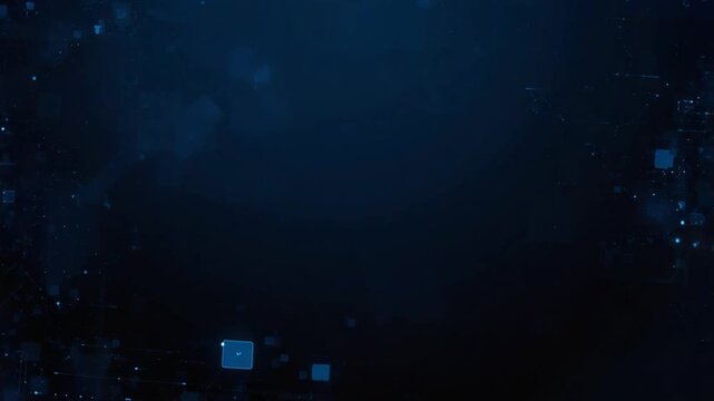 Dark abstract background with scattered blue digital elements and glowing particles technology