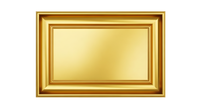 A rectangular golden frame with a reflective surface on black background on transparent background