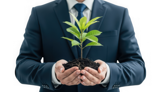 Businessman in suit holding small green plant seedling growing from soil in his hands, isolated on transparent background