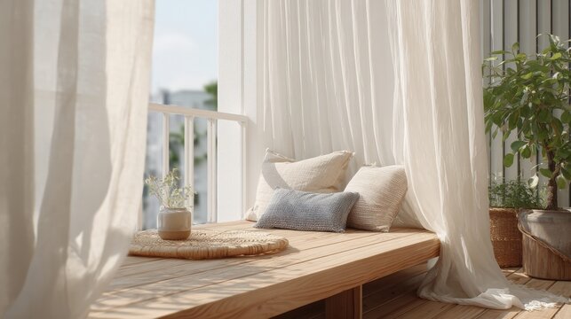 Wooden bench on a balcony with a view of the ocean. the bench is made of light-colored wood and has several throw pillows on it.