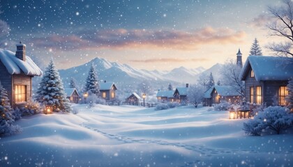 Fototapeta premium Winter wonderland scene snowy village digital art serene environment dusk viewpoint cozy concept for holiday enthusiasts and nature lovers