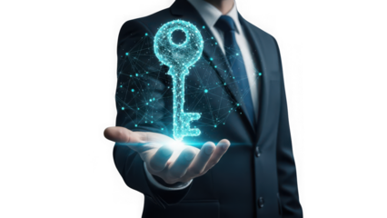 Businessman hand holding glowing digital key concept representing access security solution success and innovation isolated on transparent background