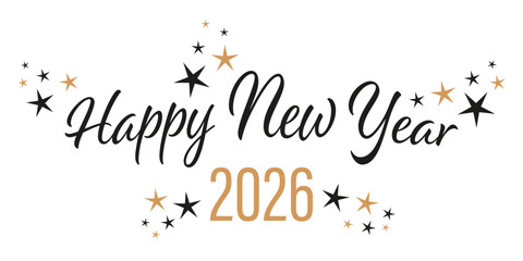 Happy New Year 2026. Text and star icons on a transparent background