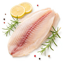 Raw tilapia fillet isolated on white background showcasing fresh fish ingredient ideal for cooking, healthy meals, recipes,