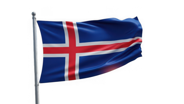 Waving flag of iceland on a flagpole isolated on transparent background, national symbol of icelandic country waving in the wind