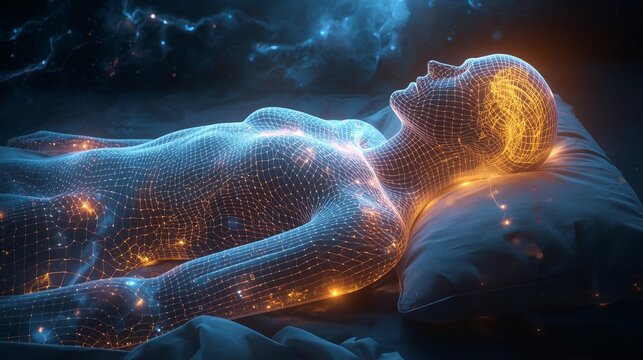 A futuristic translucent human figure lying on a pillow, visualized through a glowing digital wireframe. The body and brain appear illuminated with neural energy, symbolizing artificial intelligence