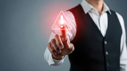 Man Tapping Digital Warning Sign, System Error and Risk Concept