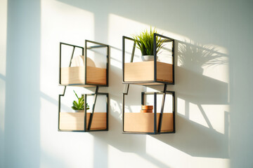 Modern Decorative Shelves with Green Plants and Wooden Elements Adorning White Wall in Sunlight Home Indoor Decoration and Minimalist Design 150c
