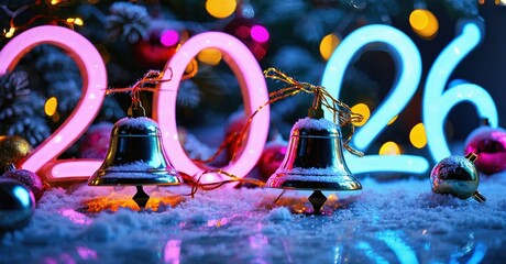 Bright neon numbers display year 2026. Silver bells hang amidst snow, festive ornaments visible. Colorful lights create joyful atmosphere.