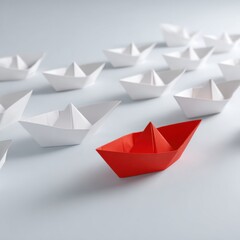Naklejka premium Red paper boat leads white fleet