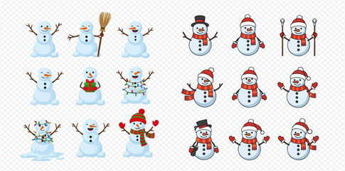 Obraz premium Collection of cartoon snowmen wearing hats and scarves in various poses.