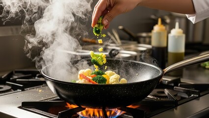 Chef cooking stir fry vegetables in a wok on a gas stove in a professional kitchen food preparation