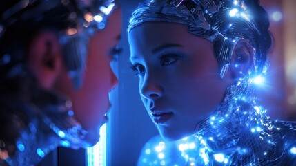 Obraz premium Mirror of the Future: The image captures an android contemplating their reflection, a futuristic concept with a sense of artificial intelligence and technological progress.