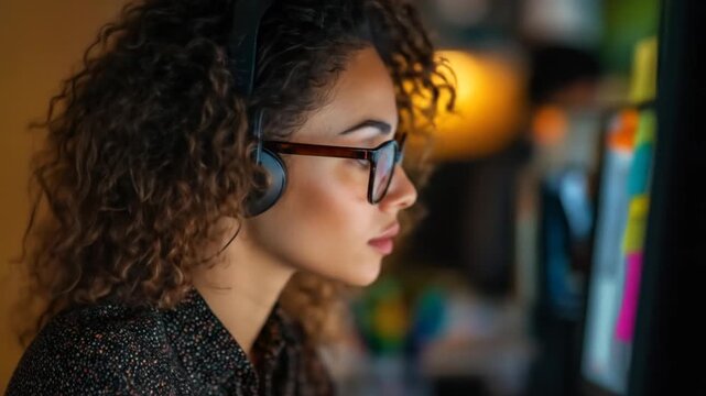 Curly-haired woman with glasses and headset intently studies a computer screen at a busy desk scene