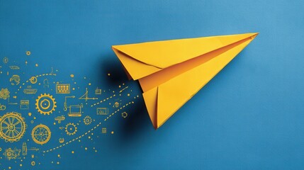 Yellow paper airplane takes flight leaving colorful ideas