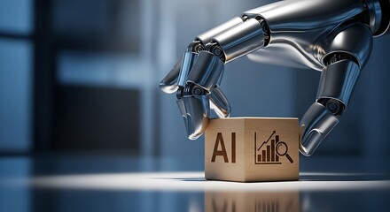 Robotic hand carefully places a small cardboard box labeled with ai and analytics icons on a reflective surface, symbolizing artificial intelligence in business