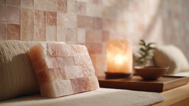 Cozy living room scene with a pink tiled wall in the background. on the left side of the image, there is a beige sofa with a white throw pillow on it.