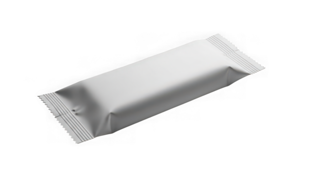 Blank white rectangular food bar wrapper mockup isolated on transparent background for snack or candy packaging design template