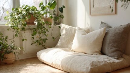 Fototapeta premium Corner of a room with a window on the left side. on the right side of the window, there is a beige sofa with three beige throw pillows on it.