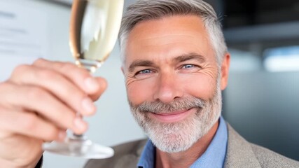 Corporate Team Celebrating Business Success with Champagne Toast in Modern Workplace