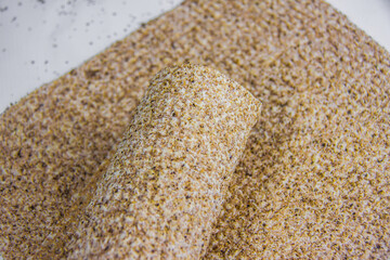 Chia seeds bread, golden yellow bakery food, sandwich roll, heathy digestive meal, bread sheet, studio shot, isolated on white background, selective focus, shallow depth of field, Cairo Egypt