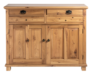 A top-down view of a desk made from a repurposed door, showing decorative hardware li 