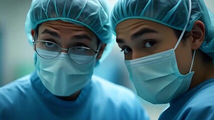 Two surgeons in scrubs and masks share a moment of concentration during a critical procedure in a bright, sterile operating room. Their teamwork is key to success - Powered by Adobe