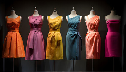 A display of different colored dresses on mannequins. Can be used for fashion design inspiration or showcasing clothing options