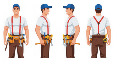 Skilled handyman or repairman with tool belt and cap - front, side, back