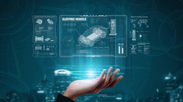 Technical layout of electric vehicle showing battery system, power control, traction motor, charging interface, and integration with renewable and smart energy sources Marrow